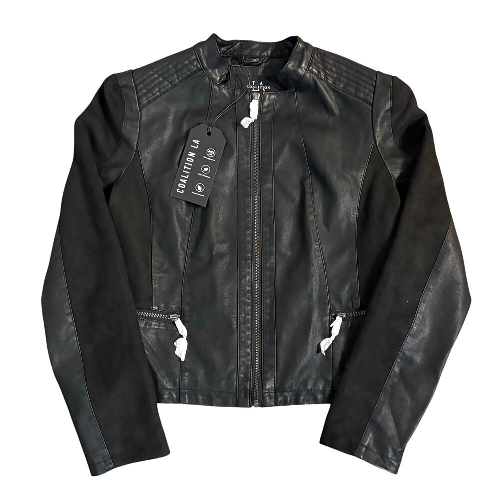 LA Coalition Moto Style Jacket Crop Vegan Leather Black Size Large Women's PETA